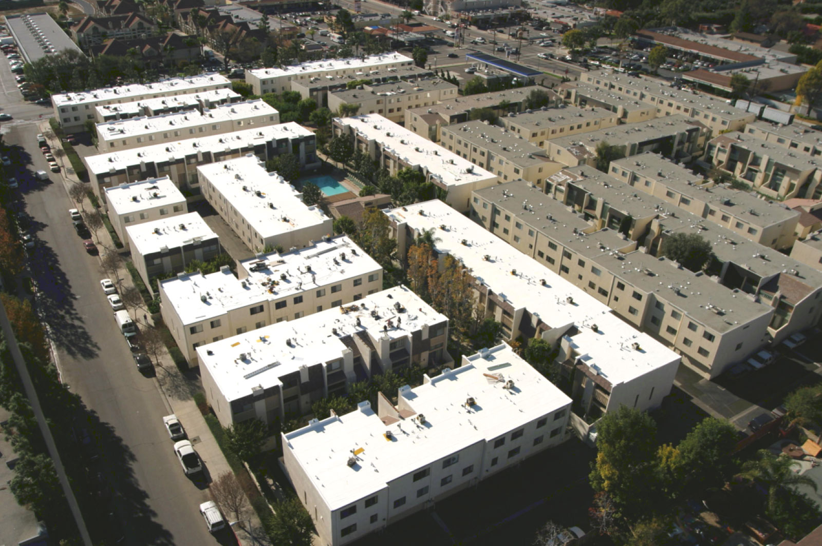 aerial view of apartment roofing